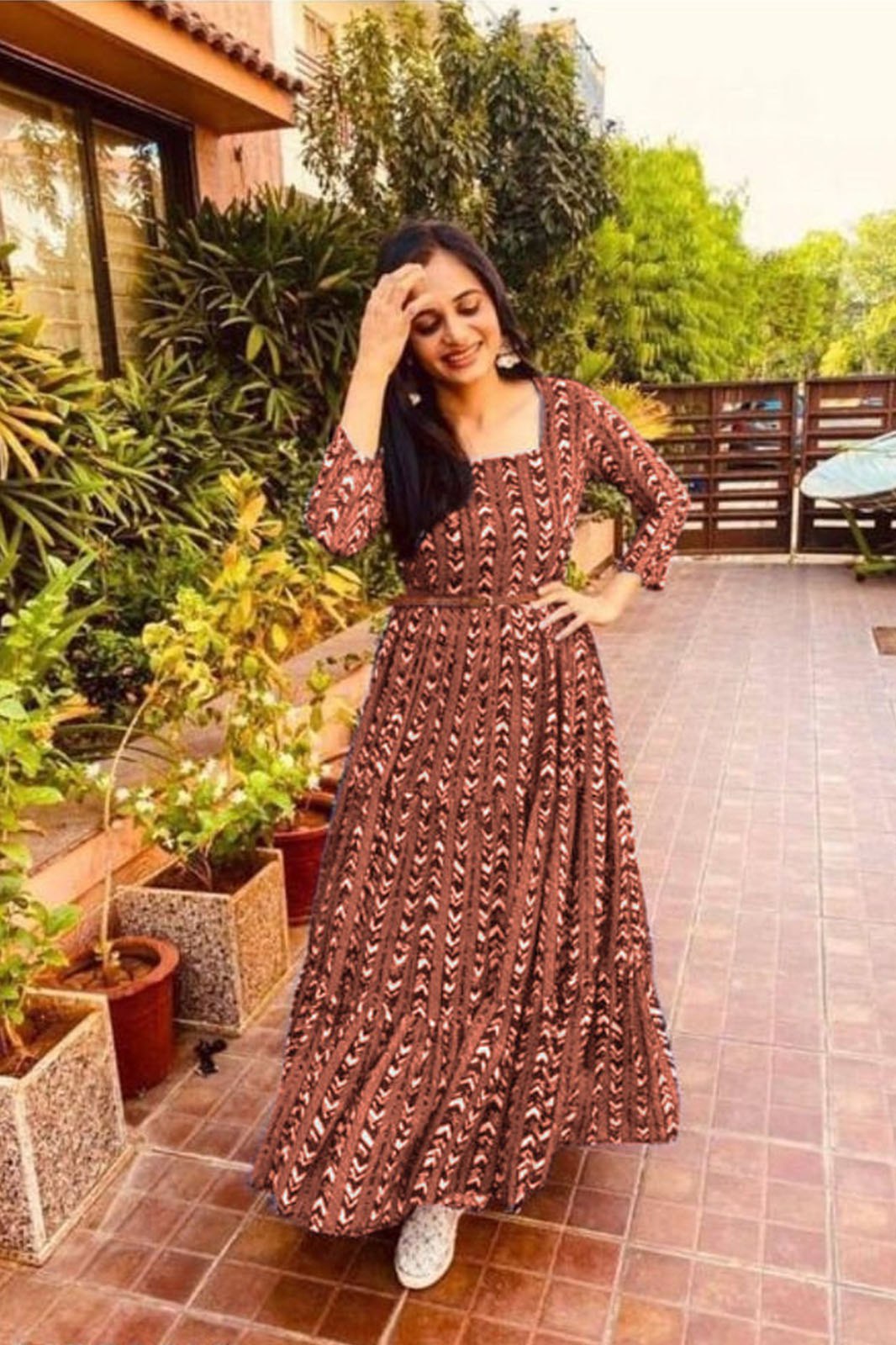 Fancy brown Georgette printed long dress with belt